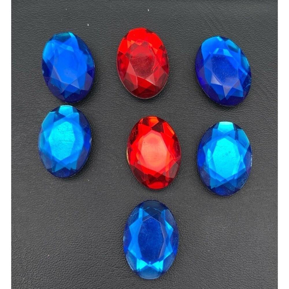 Vintage Lot Of 7 Faceted Blue & Red Oval Rhinestone Button Covers